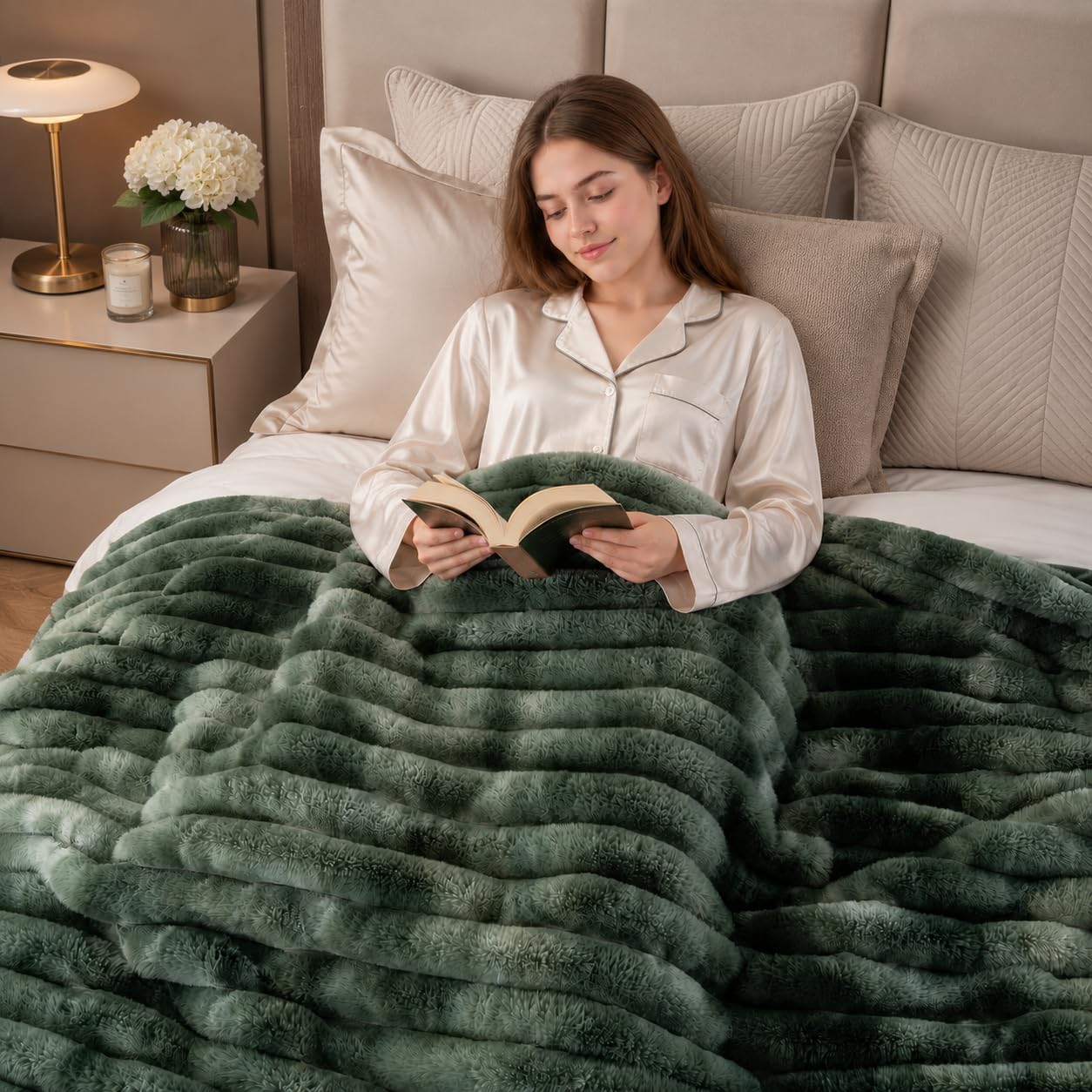 Green Faux Fur Throw Blanket, Cozy Warm Plush Striped Rabbit Fur Blanket for Couch and Bed, Super Soft Fuzzy Aqua Blanket for Living Room Bedroom, Home Decor & Gifts, 50"x60"