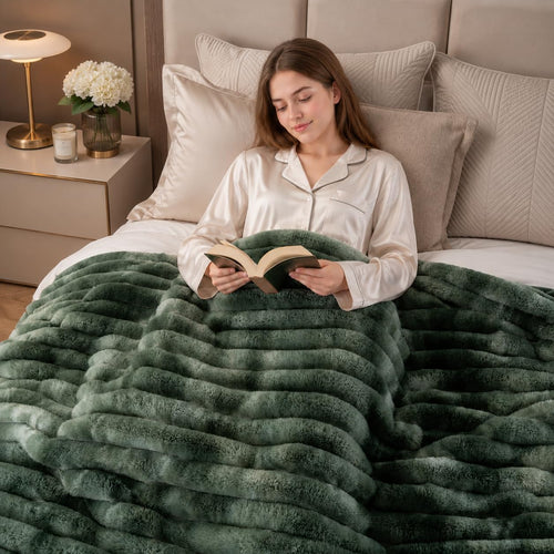 Green Faux Fur Throw Blanket, Cozy Warm Plush Striped Rabbit Fur Blanket for Couch and Bed, Super Soft Fuzzy Aqua Blanket for Living Room Bedroom, Home Decor & Gifts, 50"x60"