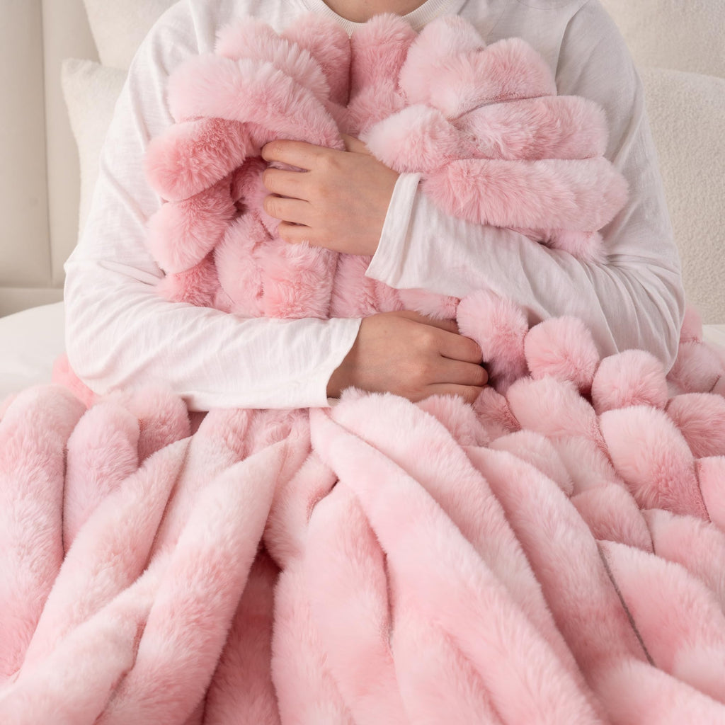 Pink Faux Fur Throw Blanket, Cozy Warm Plush Striped Rabbit Fur Blanket for Couch and Bed, Super Soft Fuzzy Aqua Blanket for Living Room Bedroom, Home Decor & Gifts, 50"x60"