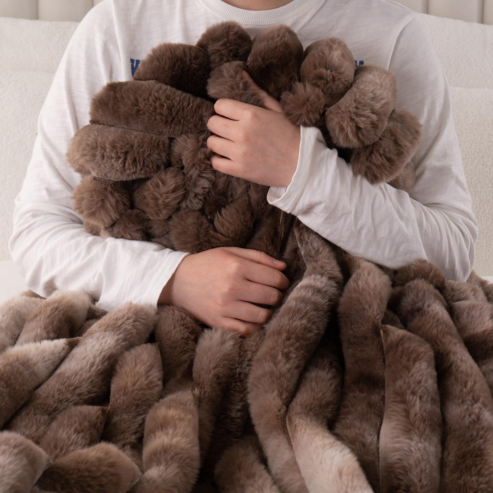 Dark Brown Faux Fur Throw Blanket, Cozy Warm Plush Striped Rabbit Fur Blanket for Couch and Bed, Super Soft Fuzzy Aqua Blanket for Living Room Bedroom, Home Decor & Gifts, 50"x60"