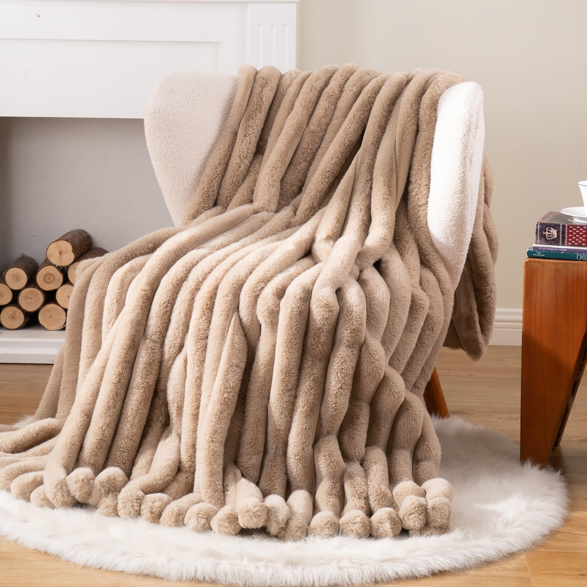 Light Brown Faux Fur Throw Blanket, Cozy Warm Plush Striped Rabbit Fur Blanket for Couch and Bed, Super Soft Fuzzy Aqua Blanket for Living Room Bedroom, Home Decor & Gifts, 50"x60"