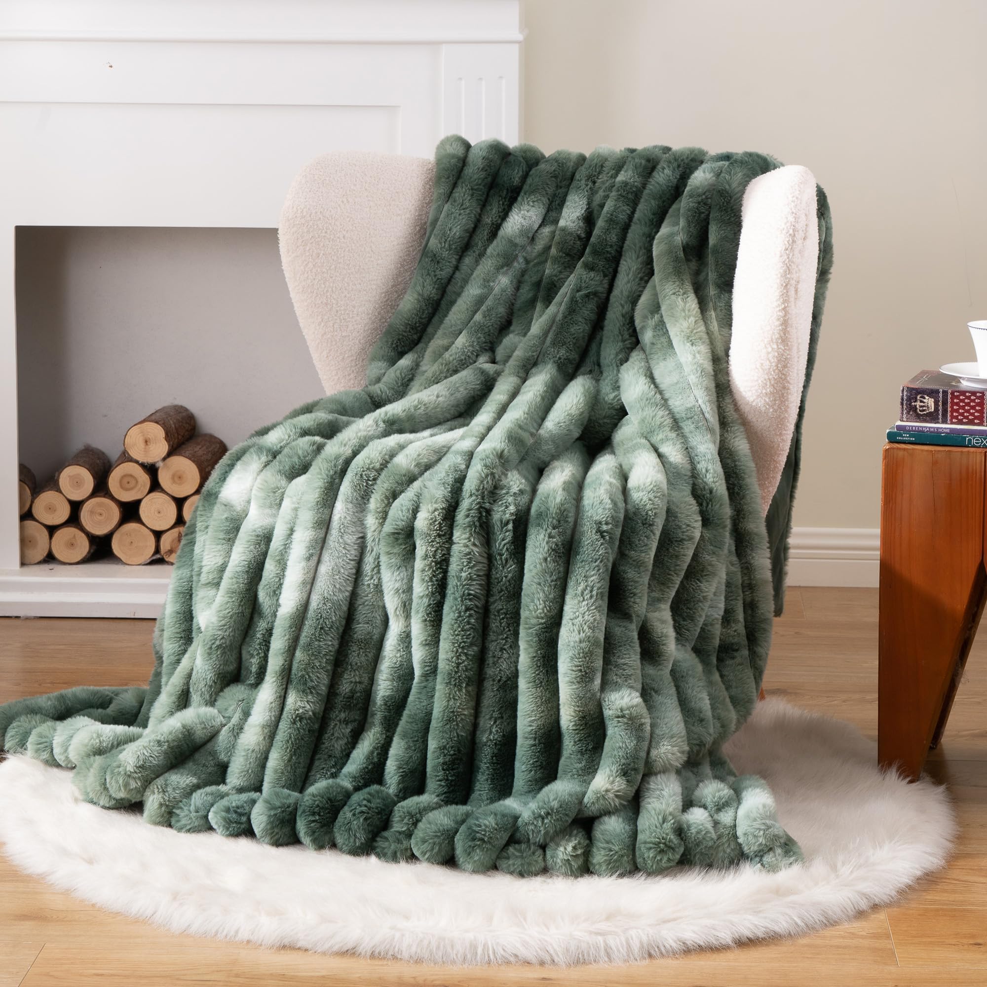Green Faux Fur Throw Blanket, Cozy Warm Plush Striped Rabbit Fur Blanket for Couch and Bed, Super Soft Fuzzy Aqua Blanket for Living Room Bedroom, Home Decor & Gifts, 50"x60"