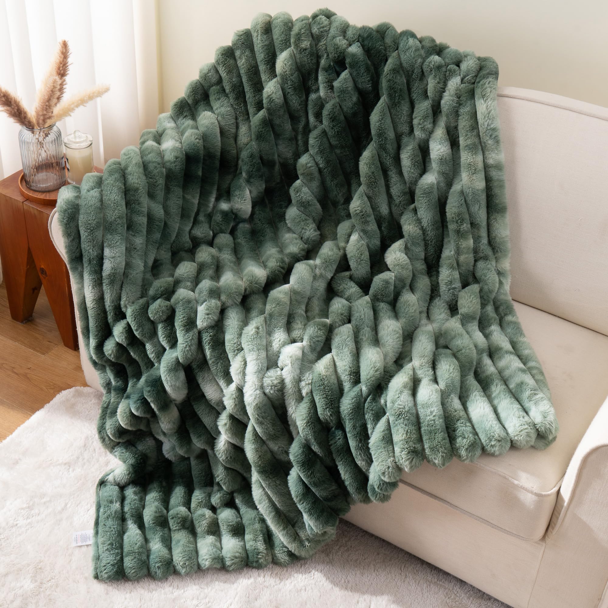 Green Faux Fur Throw Blanket, Cozy Warm Plush Striped Rabbit Fur Blanket for Couch and Bed, Super Soft Fuzzy Aqua Blanket for Living Room Bedroom, Home Decor & Gifts, 50"x60"