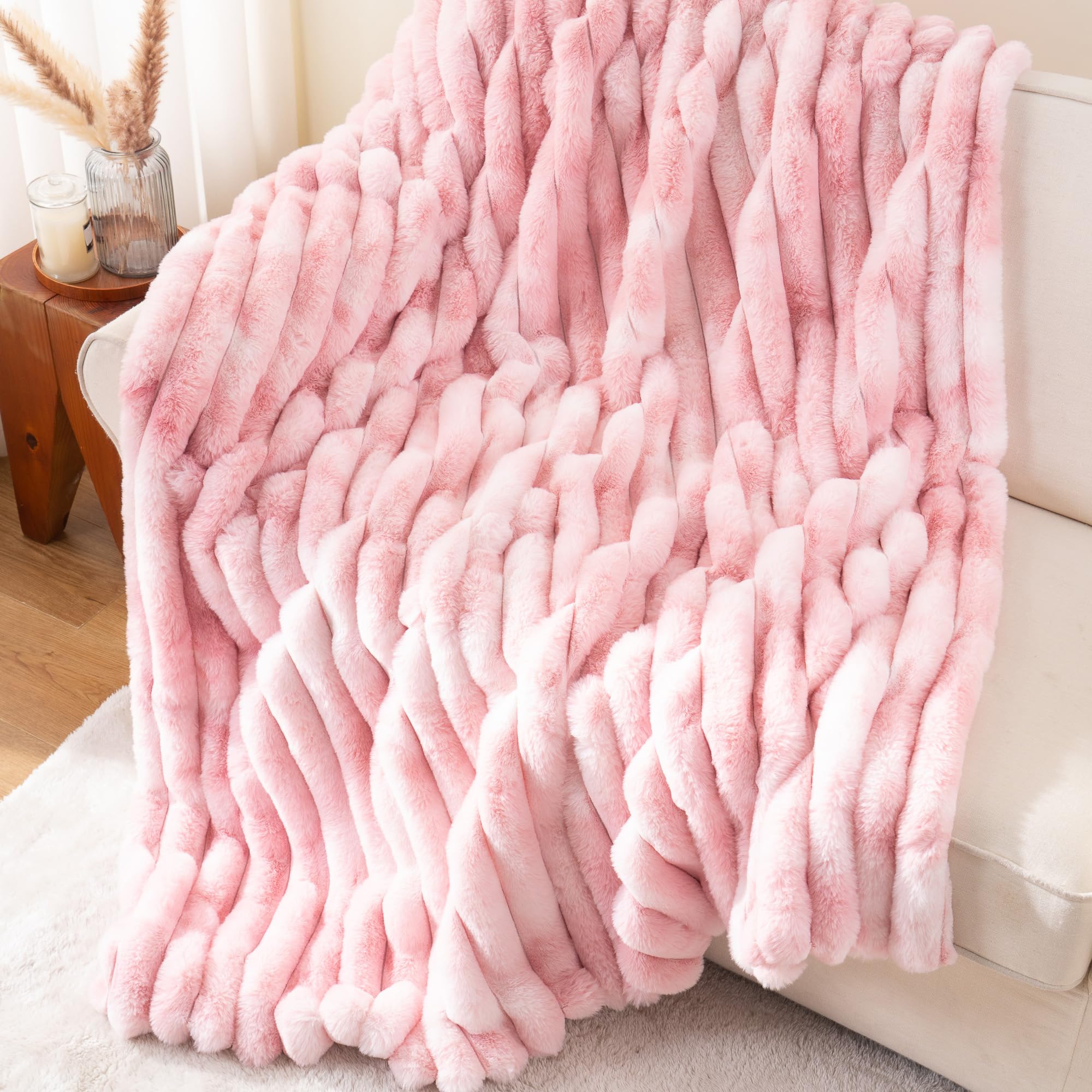 Pink Faux Fur Throw Blanket, Cozy Warm Plush Striped Rabbit Fur Blanket for Couch and Bed, Super Soft Fuzzy Aqua Blanket for Living Room Bedroom, Home Decor & Gifts, 50"x60"