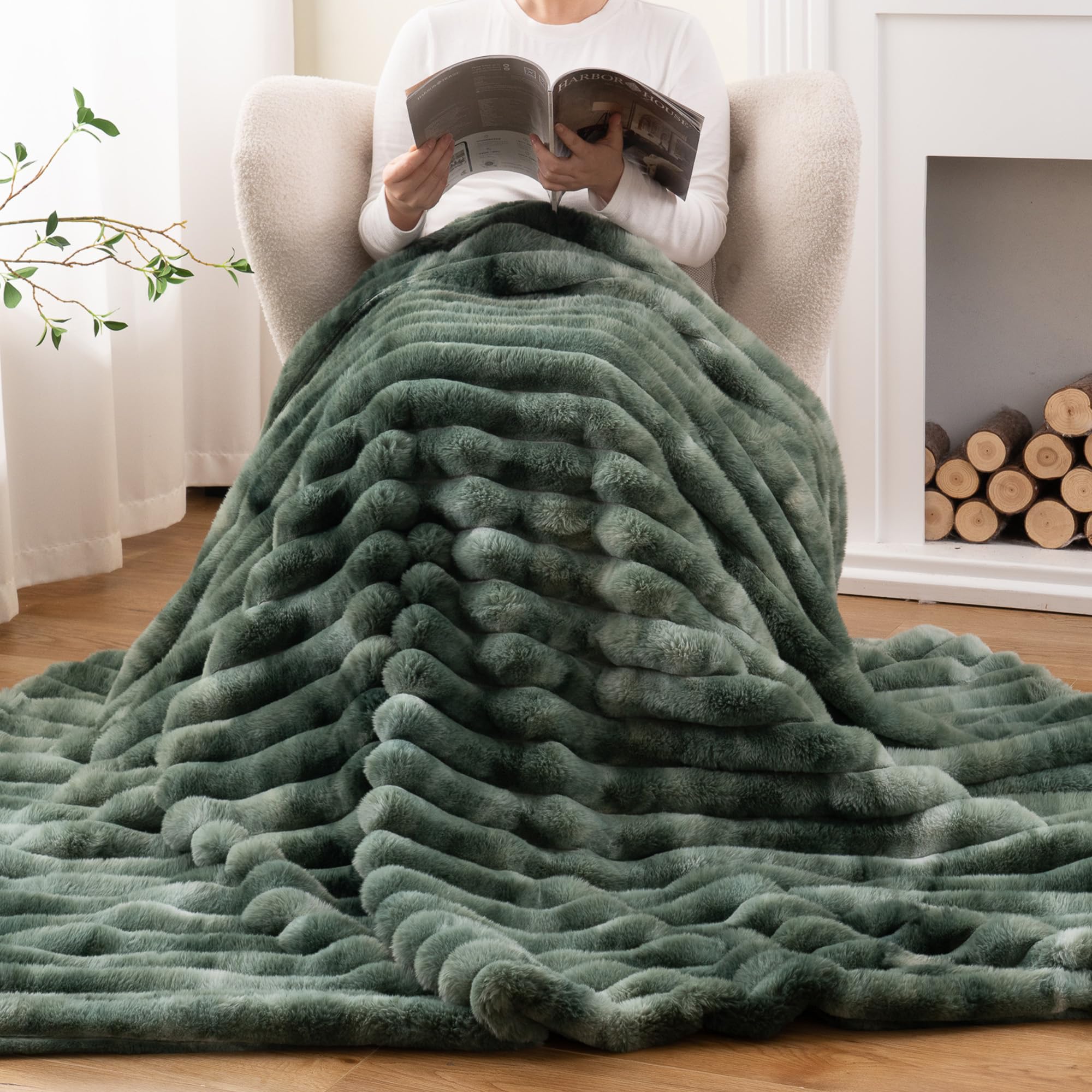 Green Faux Fur Throw Blanket, Cozy Warm Plush Striped Rabbit Fur Blanket for Couch and Bed, Super Soft Fuzzy Aqua Blanket for Living Room Bedroom, Home Decor & Gifts, 50"x60"