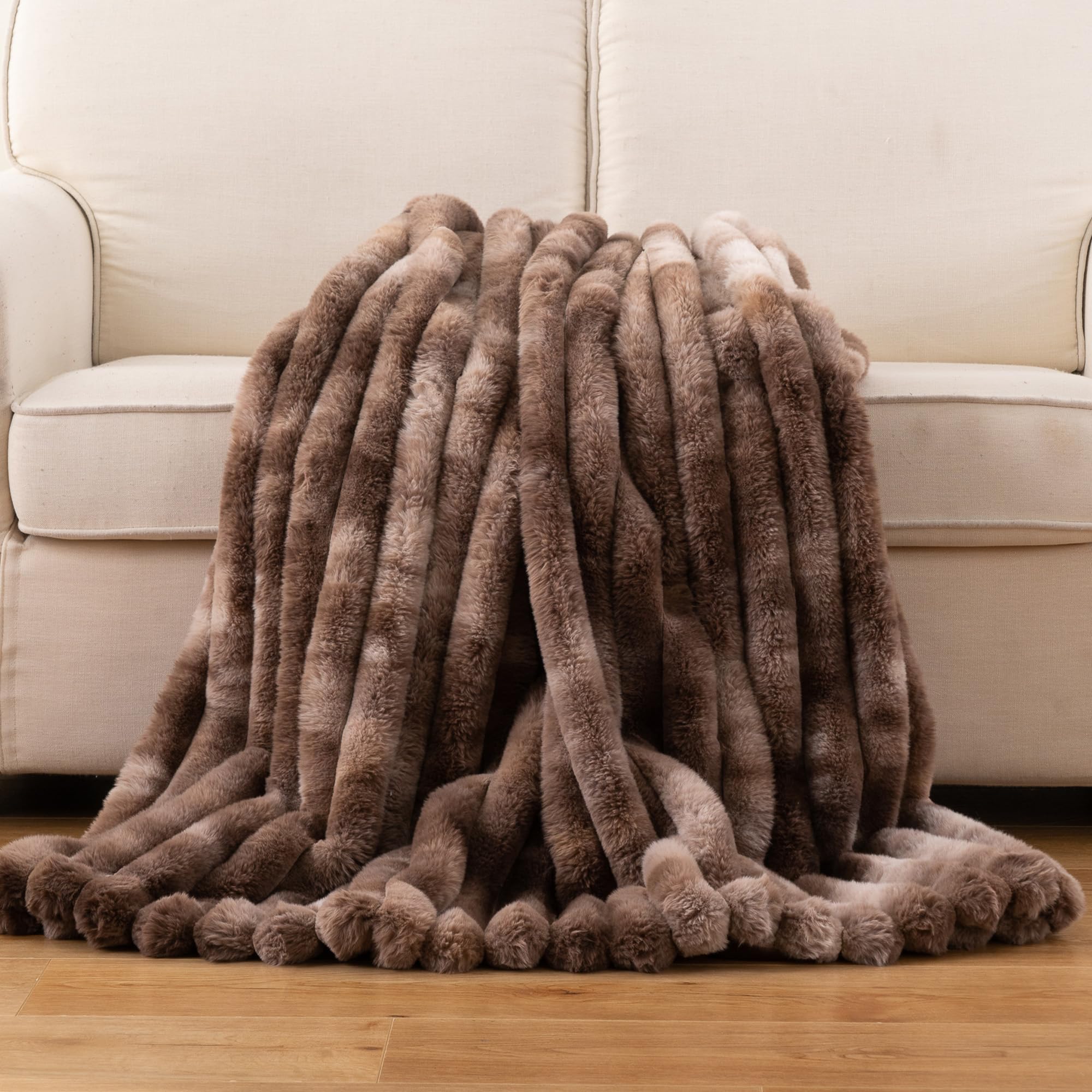 Dark Brown Faux Fur Throw Blanket, Cozy Warm Plush Striped Rabbit Fur Blanket for Couch and Bed, Super Soft Fuzzy Aqua Blanket for Living Room Bedroom, Home Decor & Gifts, 50"x60"