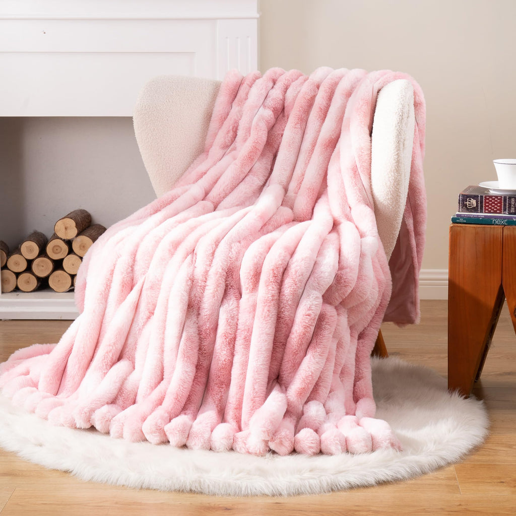 Pink Faux Fur Throw Blanket, Cozy Warm Plush Striped Rabbit Fur Blanket for Couch and Bed, Super Soft Fuzzy Aqua Blanket for Living Room Bedroom, Home Decor & Gifts, 50"x60"
