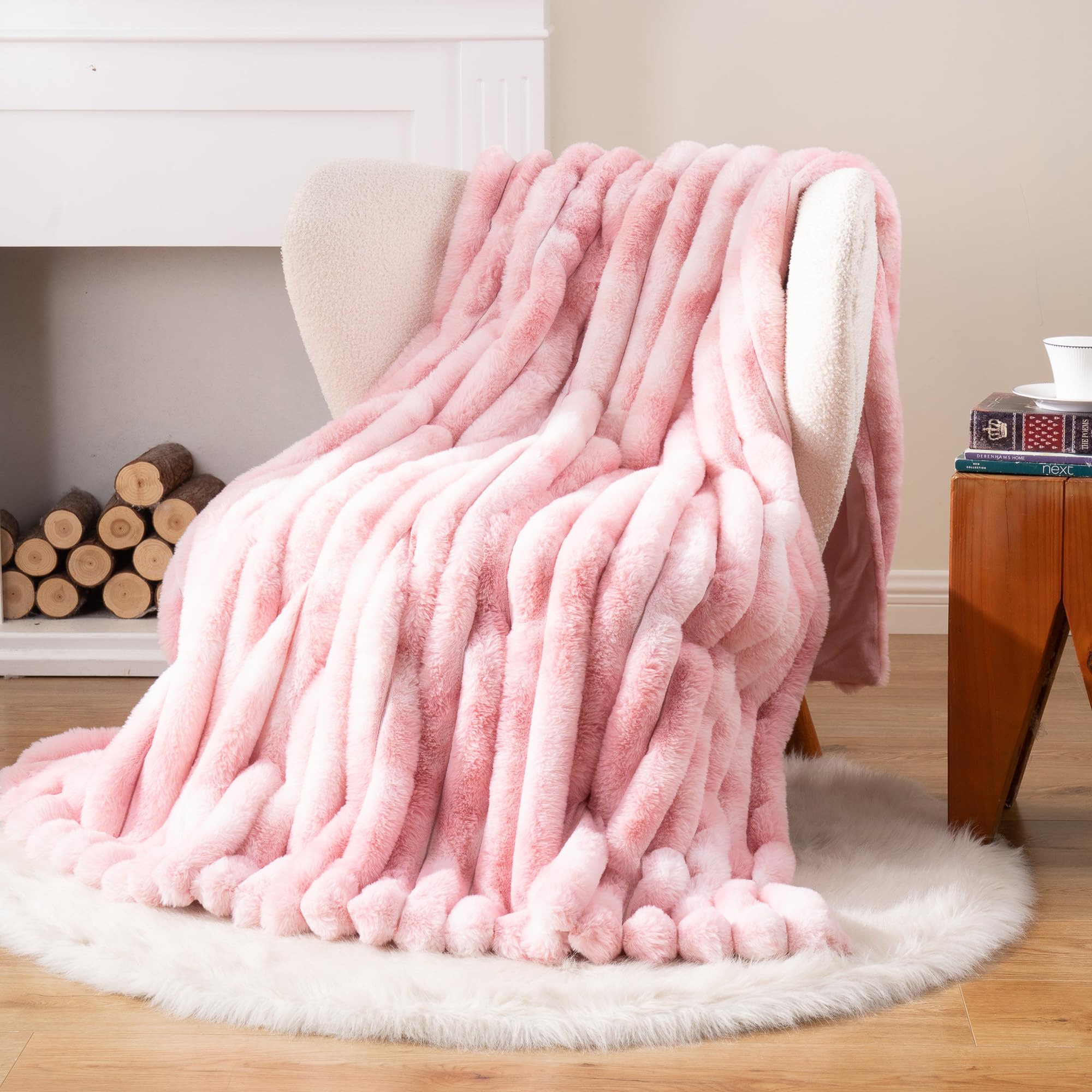 Pink Faux Fur Throw Blanket, Cozy Warm Plush Striped Rabbit Fur Blanket for Couch and Bed, Super Soft Fuzzy Aqua Blanket for Living Room Bedroom, Home Decor & Gifts, 50"x60"