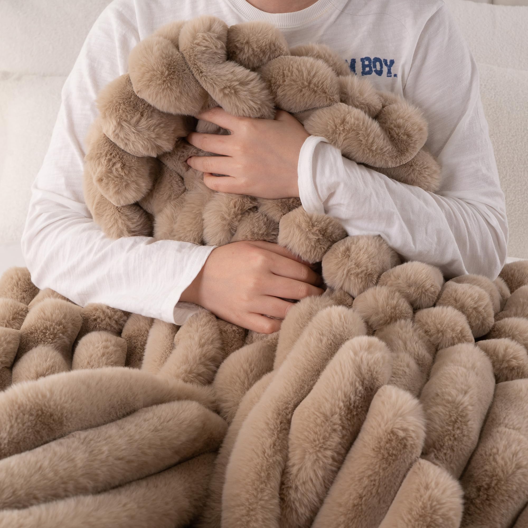 Light Brown Faux Fur Throw Blanket, Cozy Warm Plush Striped Rabbit Fur Blanket for Couch and Bed, Super Soft Fuzzy Aqua Blanket for Living Room Bedroom, Home Decor & Gifts, 50"x60"