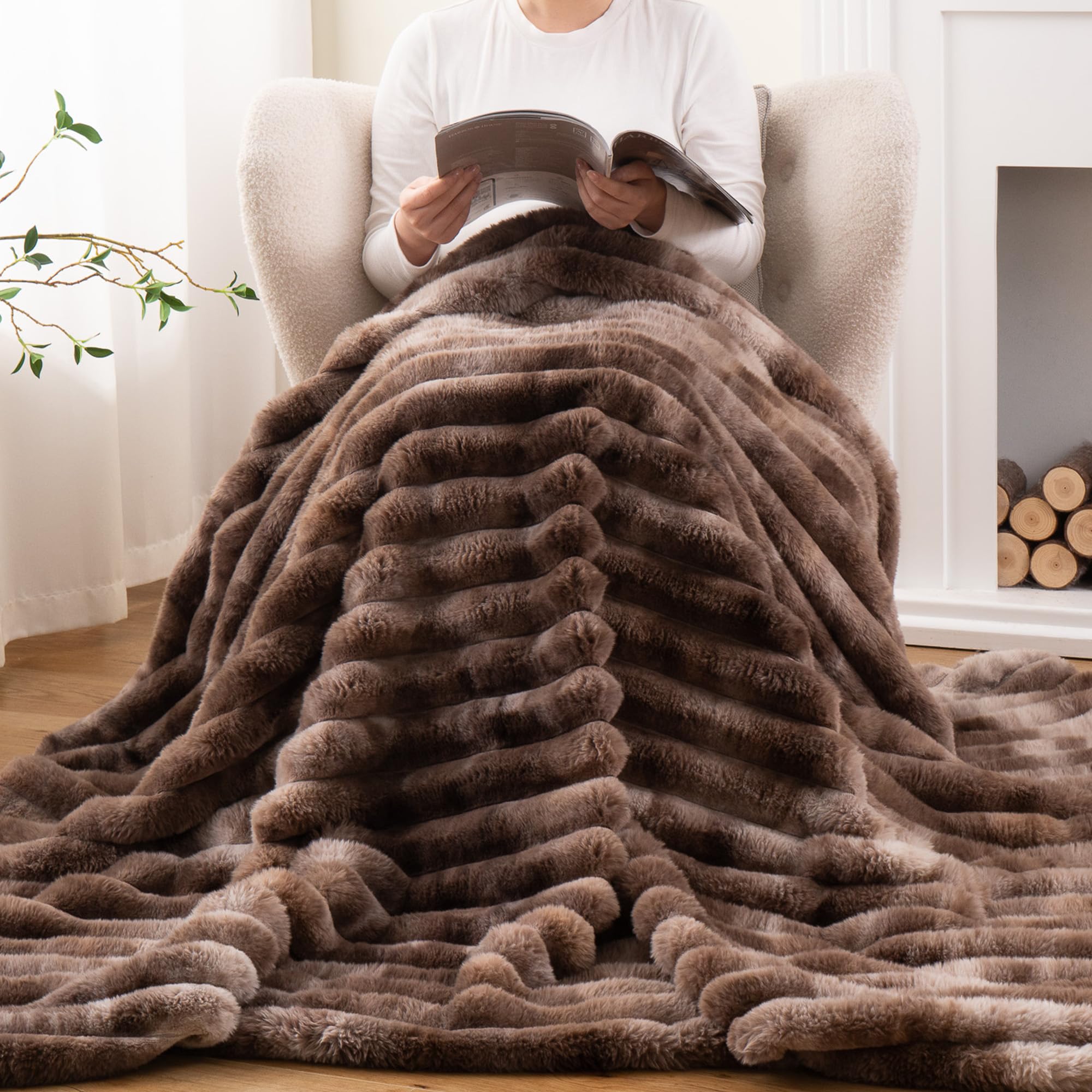 Dark Brown Faux Fur Throw Blanket, Cozy Warm Plush Striped Rabbit Fur Blanket for Couch and Bed, Super Soft Fuzzy Aqua Blanket for Living Room Bedroom, Home Decor & Gifts, 50"x60"