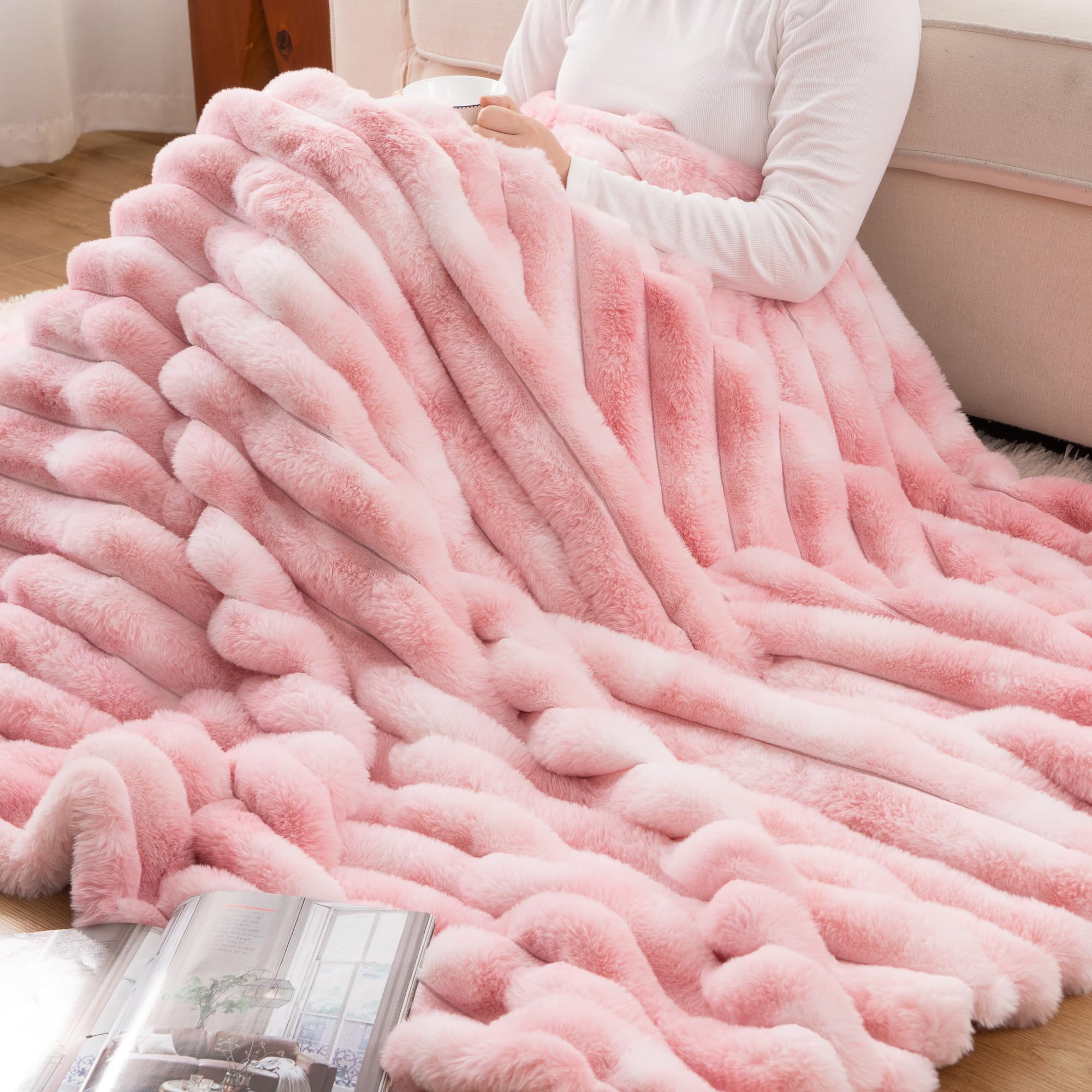 Pink Faux Fur Throw Blanket, Cozy Warm Plush Striped Rabbit Fur Blanket for Couch and Bed, Super Soft Fuzzy Aqua Blanket for Living Room Bedroom, Home Decor & Gifts, 50"x60"