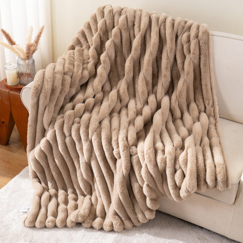 Light Brown Faux Fur Throw Blanket, Cozy Warm Plush Striped Rabbit Fur Blanket for Couch and Bed, Super Soft Fuzzy Aqua Blanket for Living Room Bedroom, Home Decor & Gifts, 50"x60"
